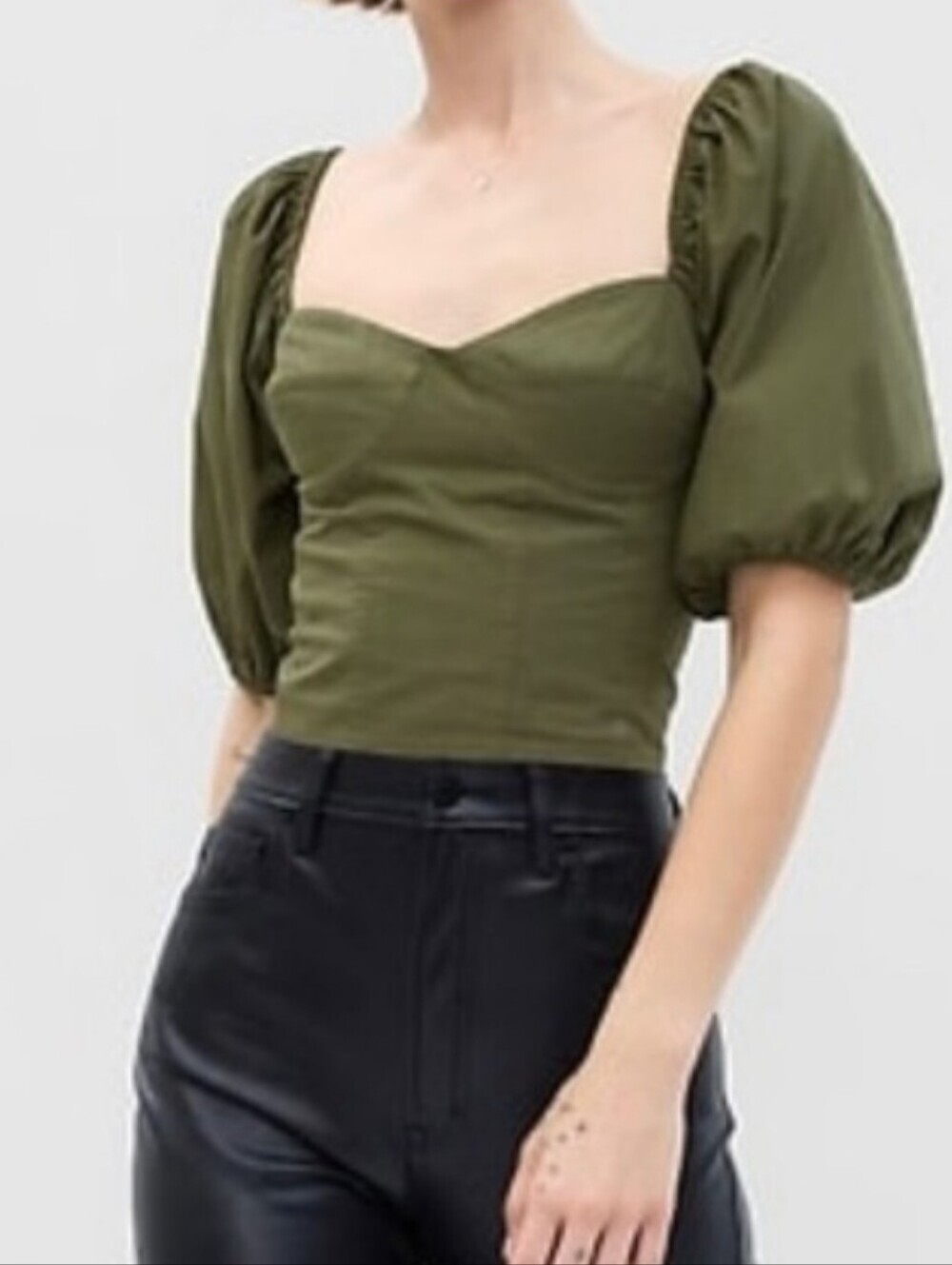 NWT GAP Cotton Olive Green Puff-Sleeve Sweetheart Crop Top Ruched Back Size M